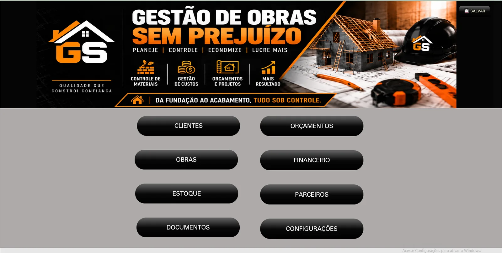 Tela inicial do ERP GOSP com botões de clientes, obras, financeiro, estoque, orçamentos e documentos
